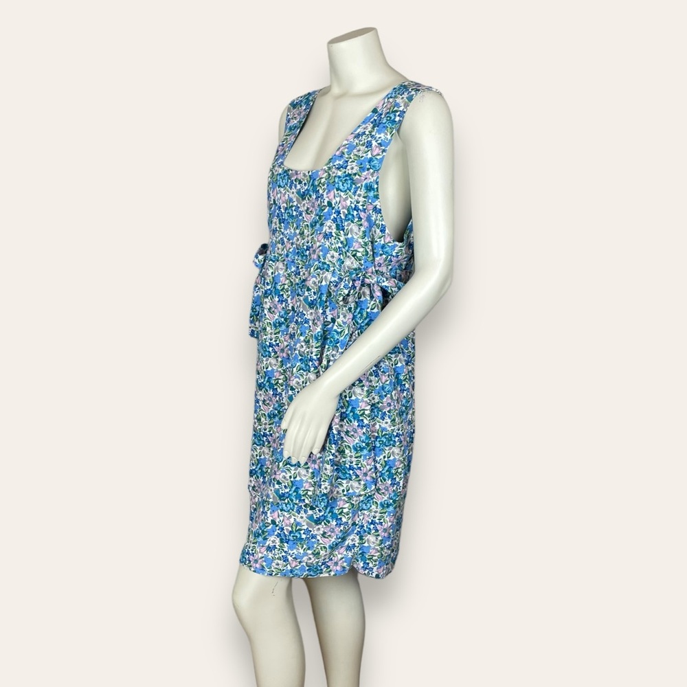 Vintage Liberty Dress Apron Style Faux Wrap Side Ties Square Neck Blue Floral